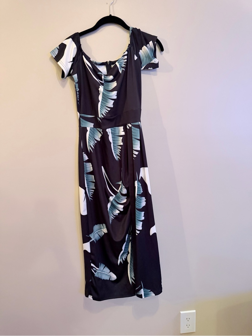 Black Tropical Print Midi Dress with Teal Leaves